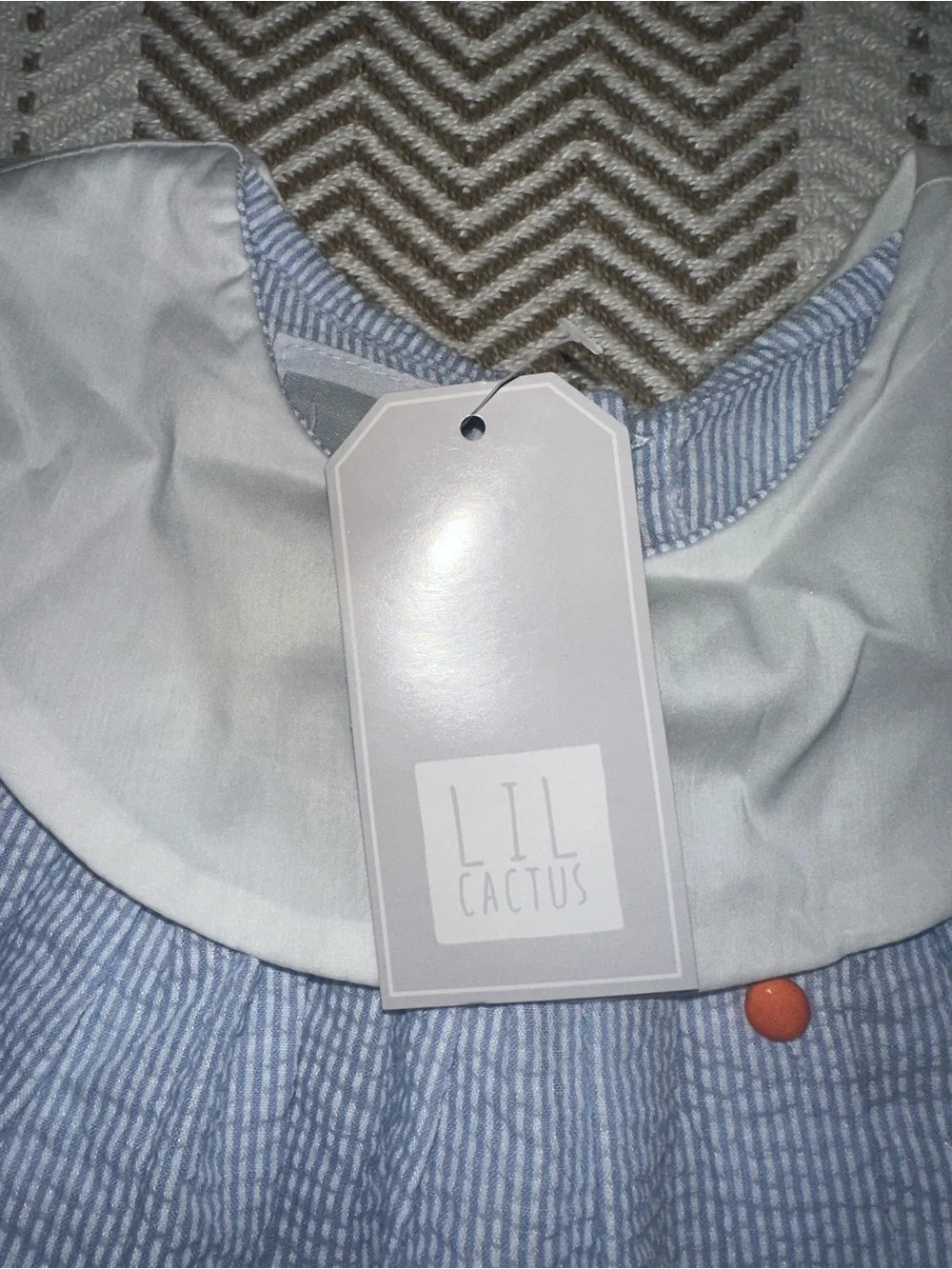 NWT Lil Cactus Blue Seersucker Dress with Pumpkin Appliqué